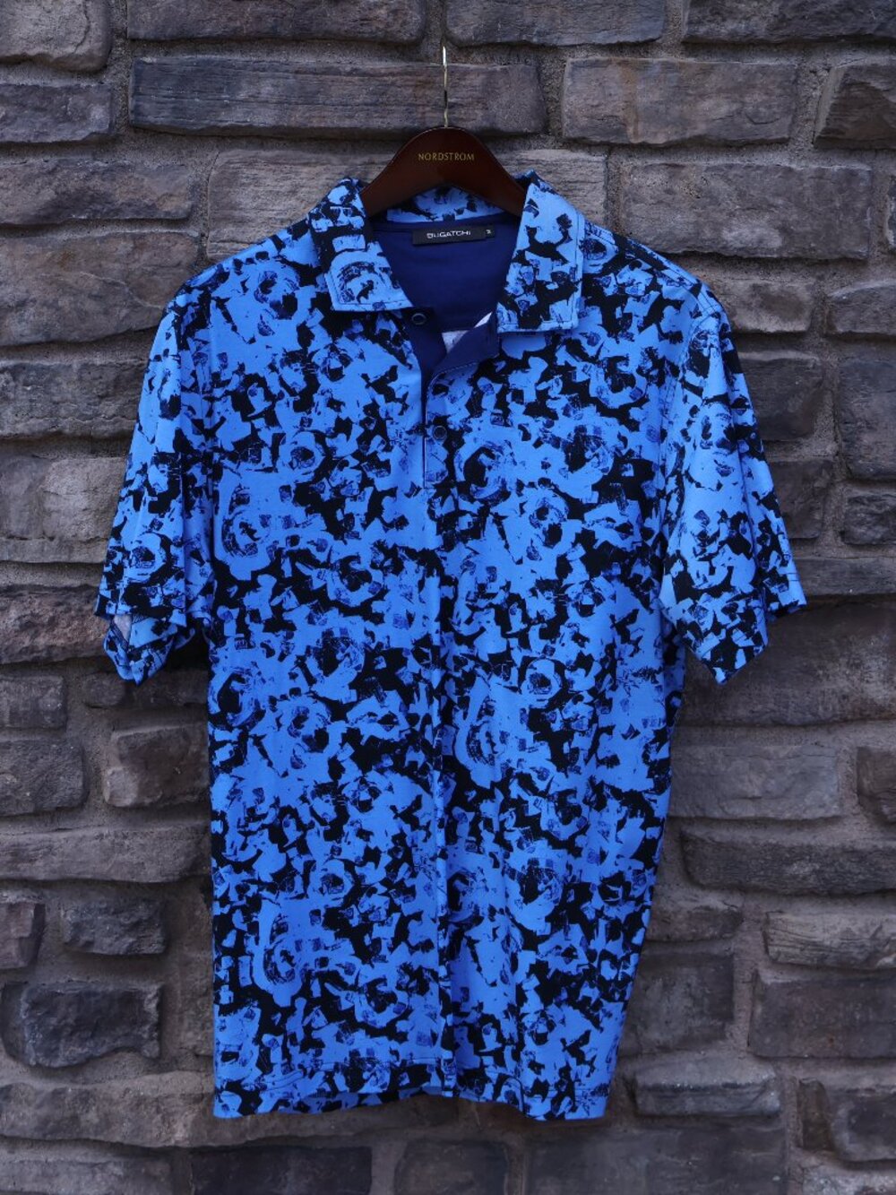 Bugatchi Men’s Blue Abstract-Print Mercerized Cotton Polo M